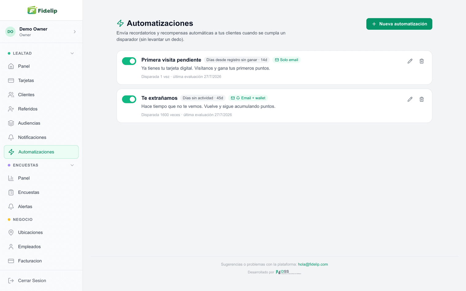 Pantalla de automatizaciones con las reglas activas del negocio