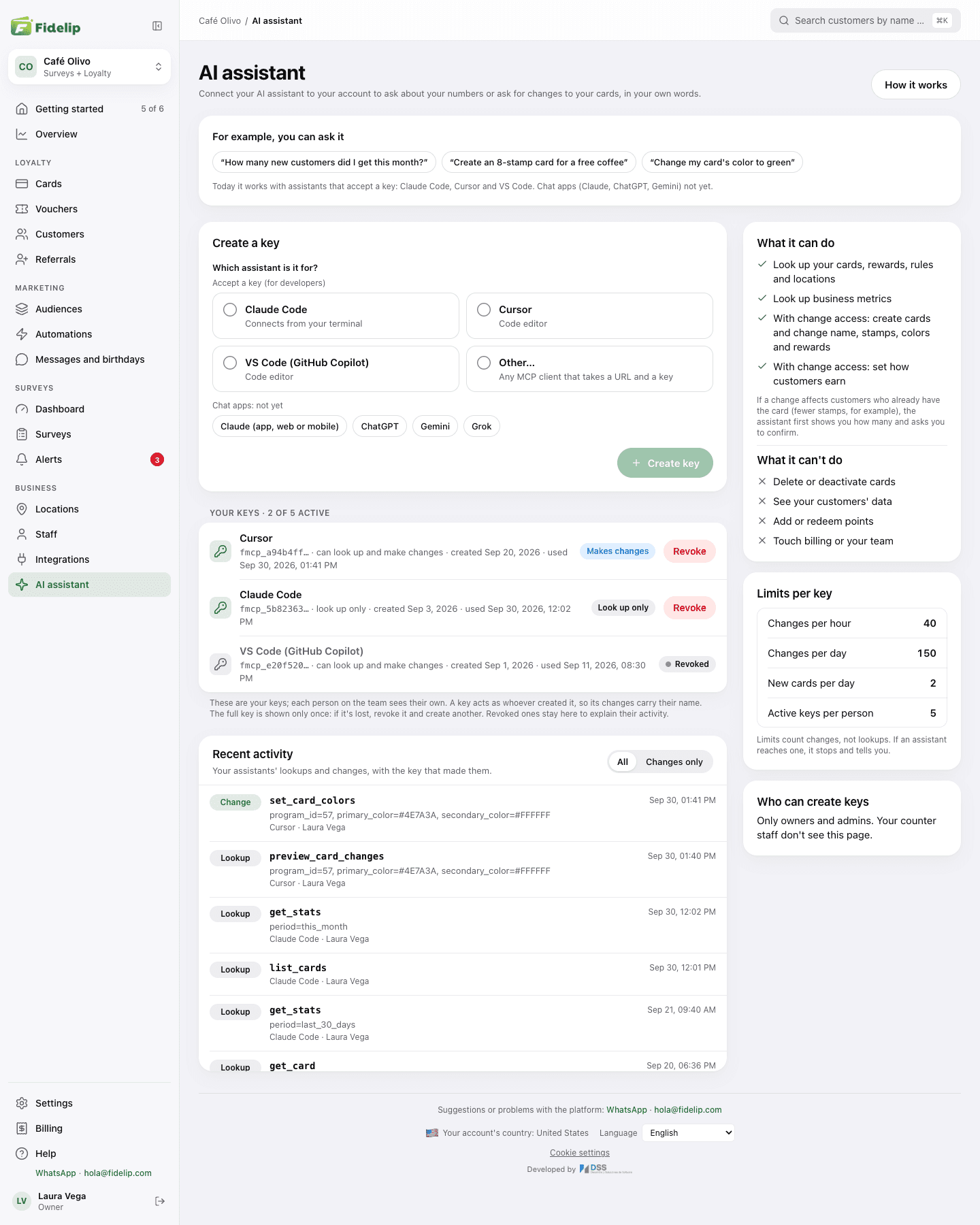 The AI assistant page of the dashboard with examples, the form to create a key, the key list, recent activity and the cards for what it can and cannot do
