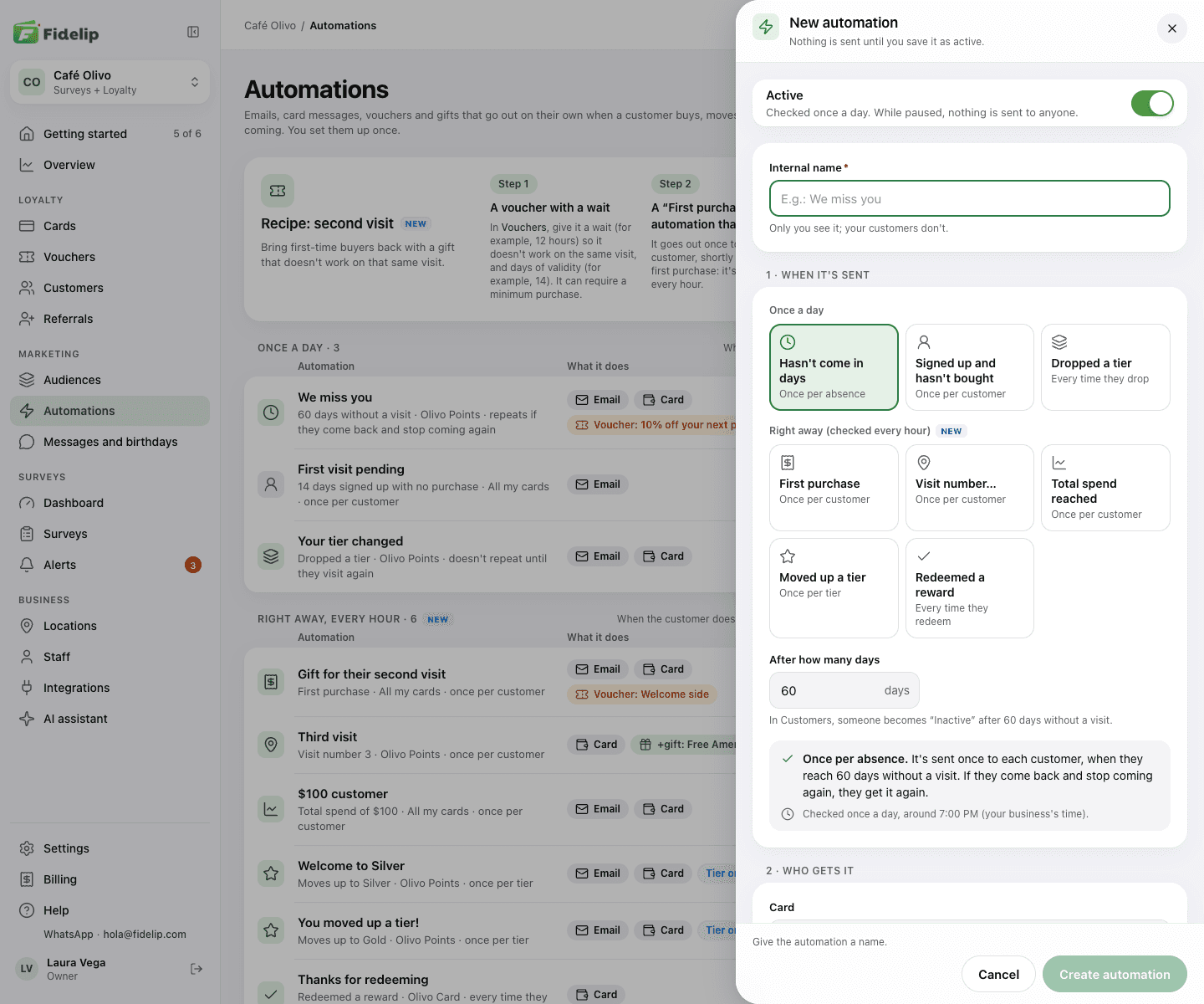 Side editor of an automation with its three steps: when it's sent, who gets it and what it does
