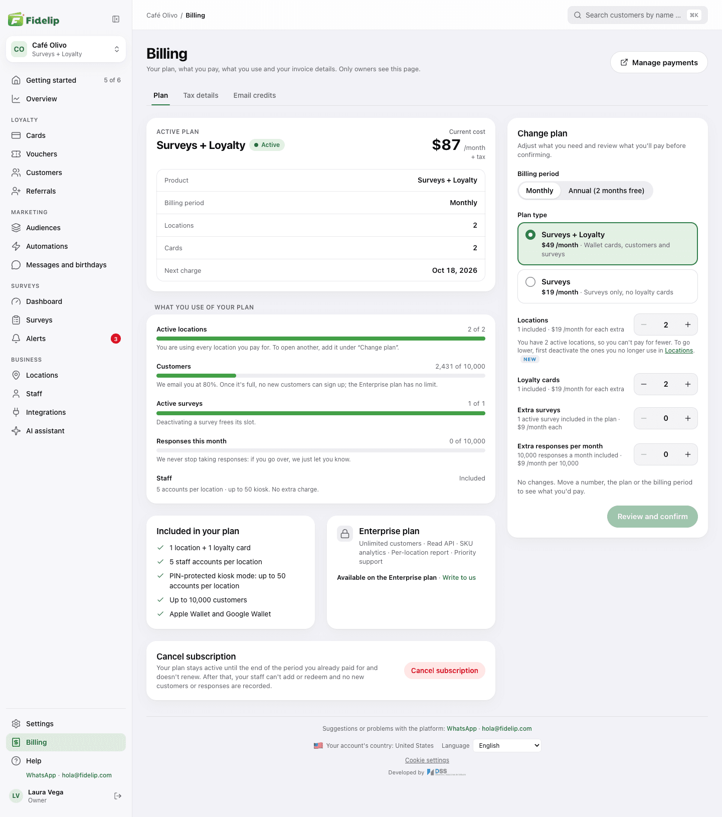 Billing page of the dashboard, Plan tab: the active plan with its cost and next charge, what you use of your plan, what is included, and the Change plan card with the billing period, plan type and counters for locations, cards, surveys and responses
