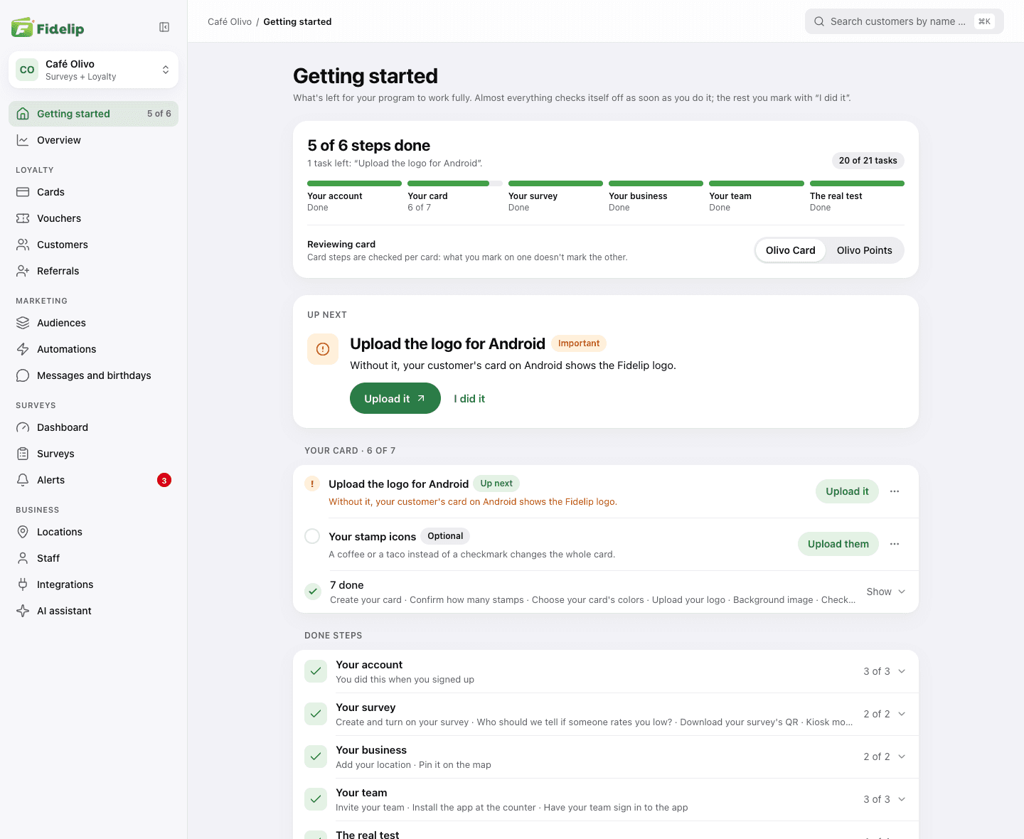 Getting started in the dashboard with progress, the next step and the grouped list