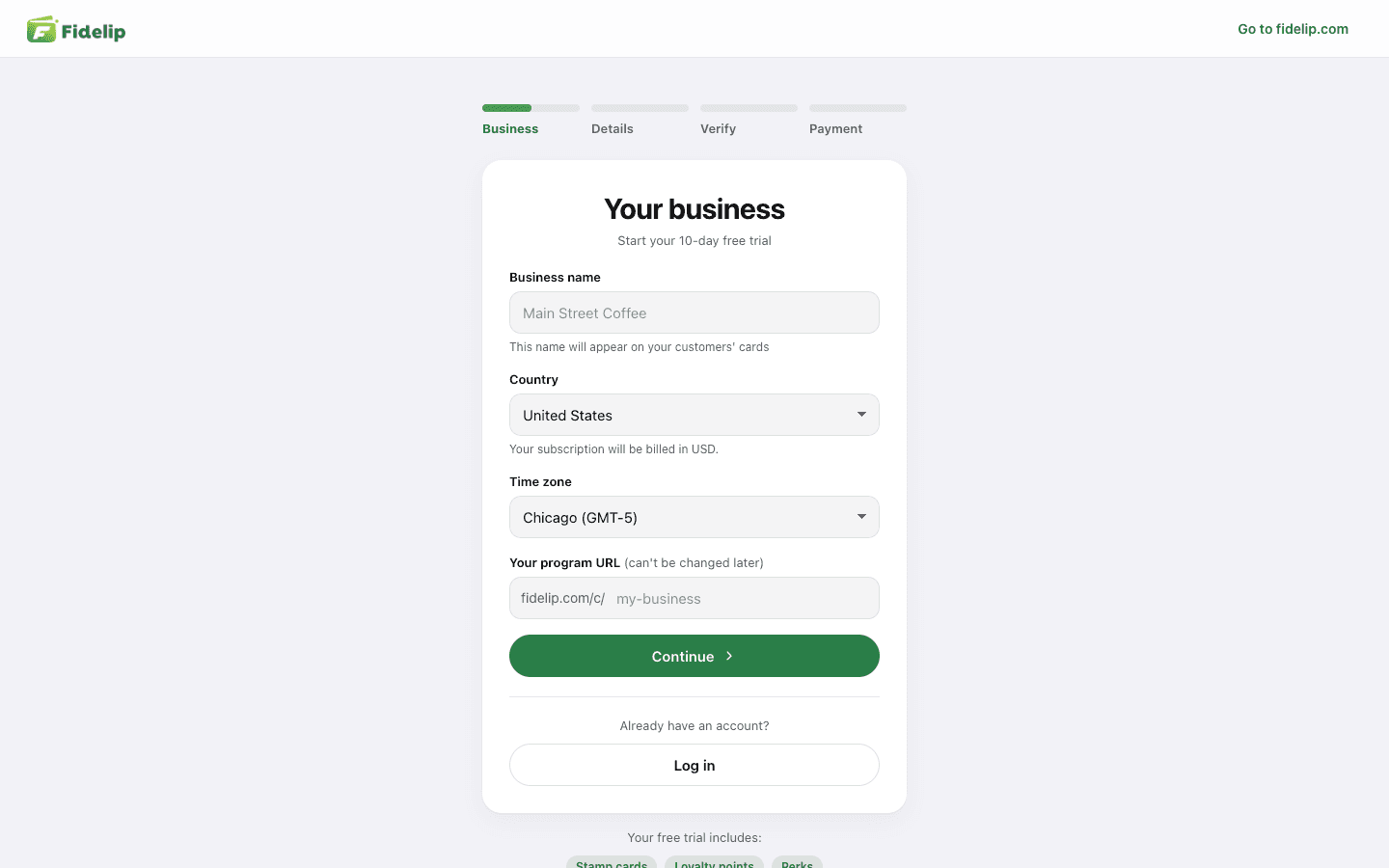 Personal details form of the sign-up flow on id.fidelip.com