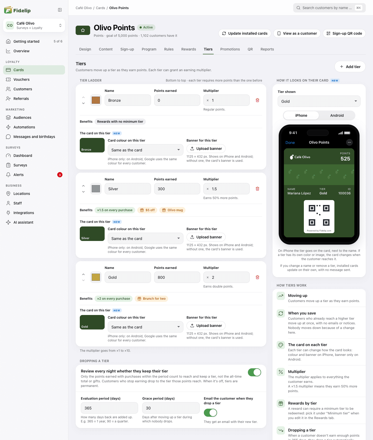 Tiers tab of the card editor with the Bronze, Silver and Gold ladder, a customer's card in a phone and the Dropping a tier section