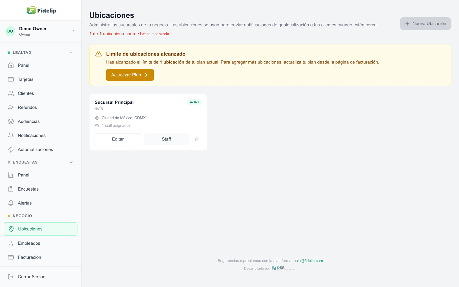 Pantalla de ubicaciones del negocio en el panel