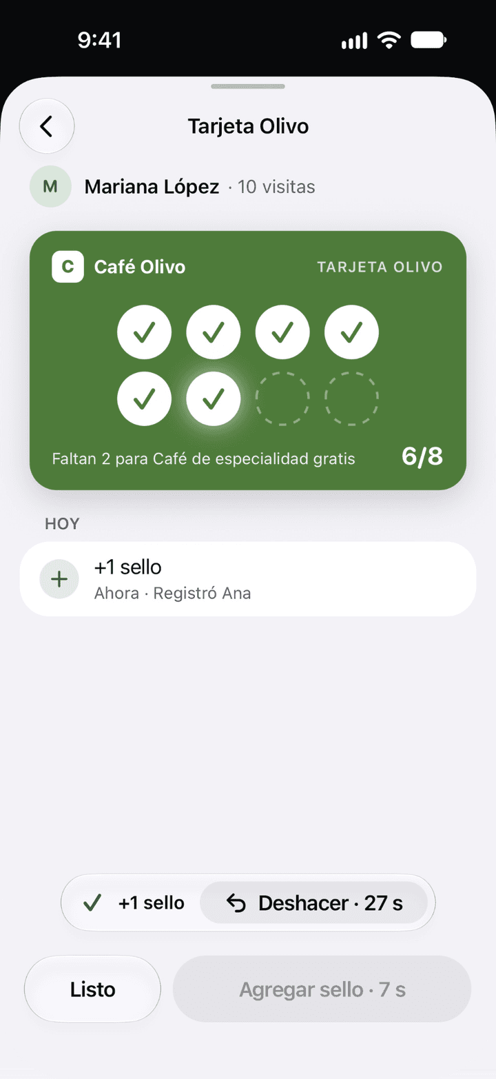 App Fidelip Staff: la tarjeta de sellos de un cliente justo después de agregar un sello