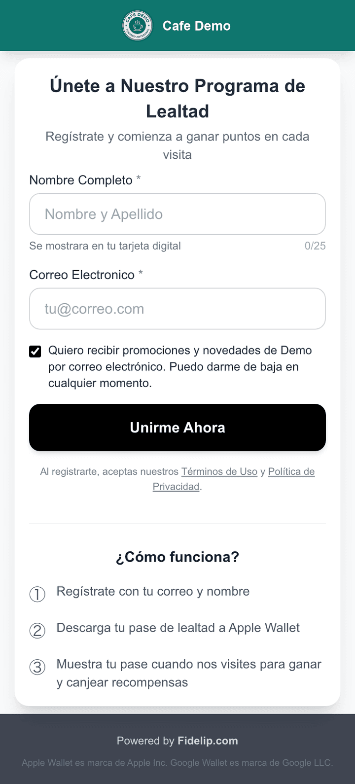 Pantalla pública de registro al programa vista desde un teléfono