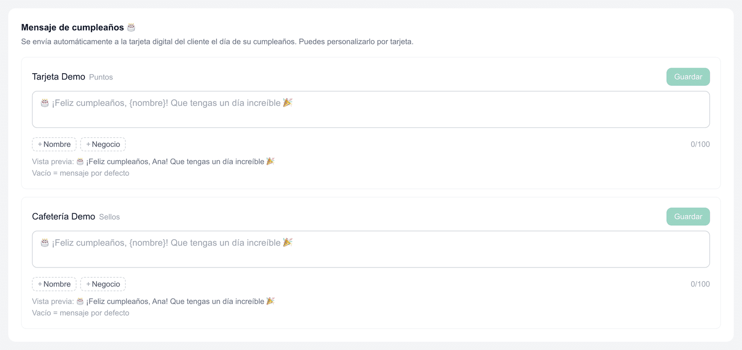 Editor del mensaje de cumpleaños por tarjeta con vista previa