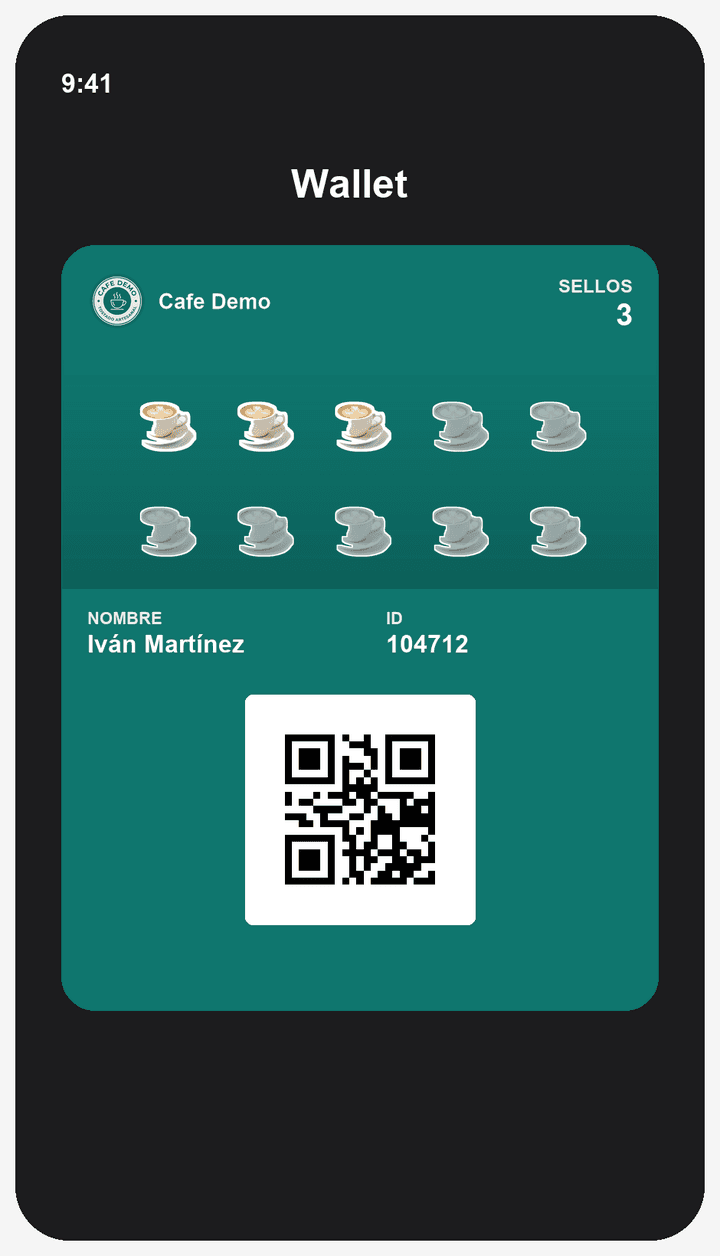 Tarjeta de lealtad dentro de Apple Wallet en un iPhone, con 3 de 10 sellos