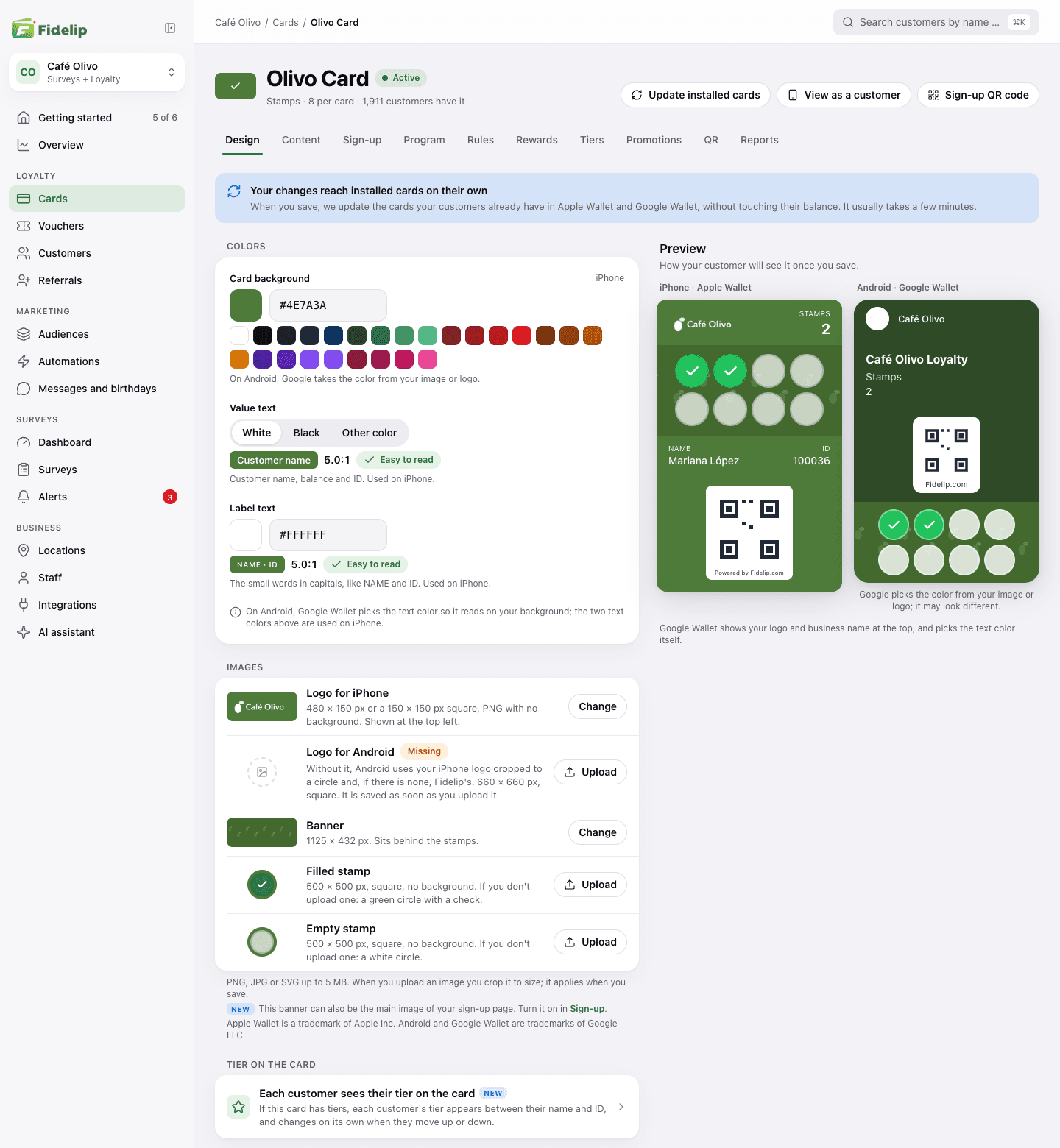 Design tab of a stamp card: colors and images on the left, iPhone and Android previews on the right