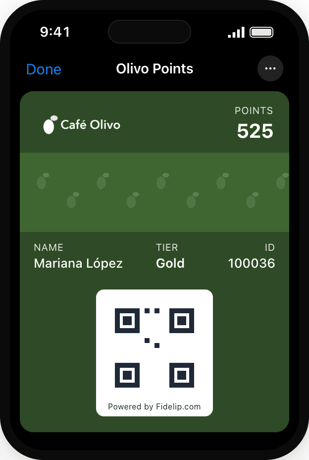 Preview of the points card on an iPhone, as it looks in Apple Wallet: points balance, name, Gold tier, ID and QR code