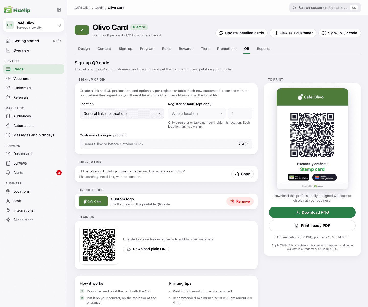 QR tab of a card: the sign-up origin selector, the sign-up link with its Copy button and the printable QR card ready to download as PNG or PDF