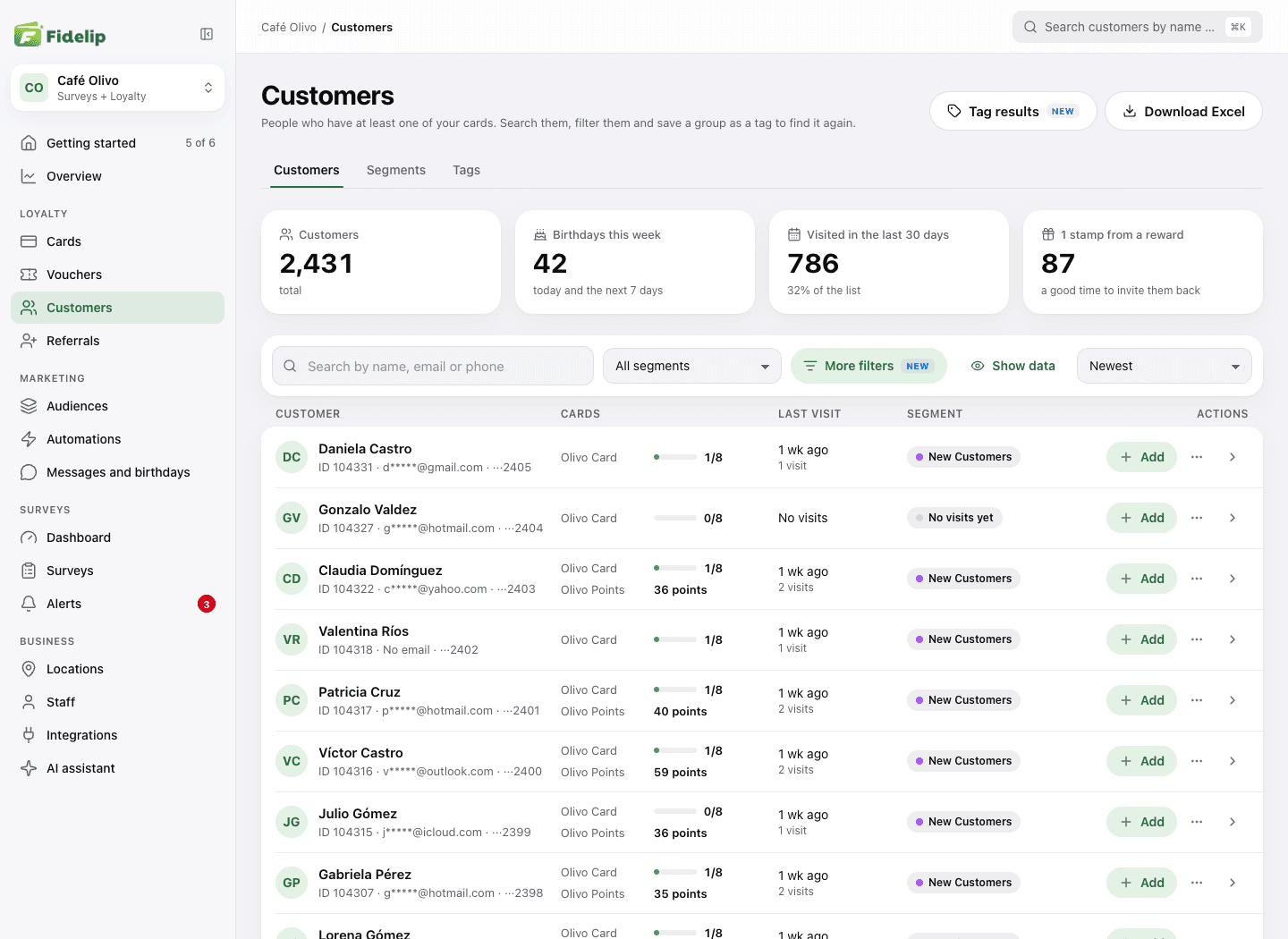 Customers list in the dashboard with search, filters, shortcuts and each person with their cards, last visit and segment
