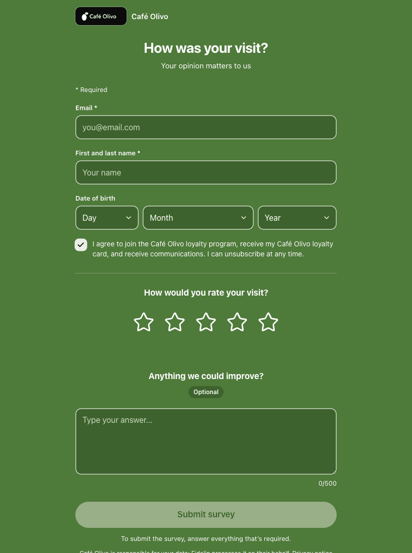 The public survey as a customer sees it on the tablet