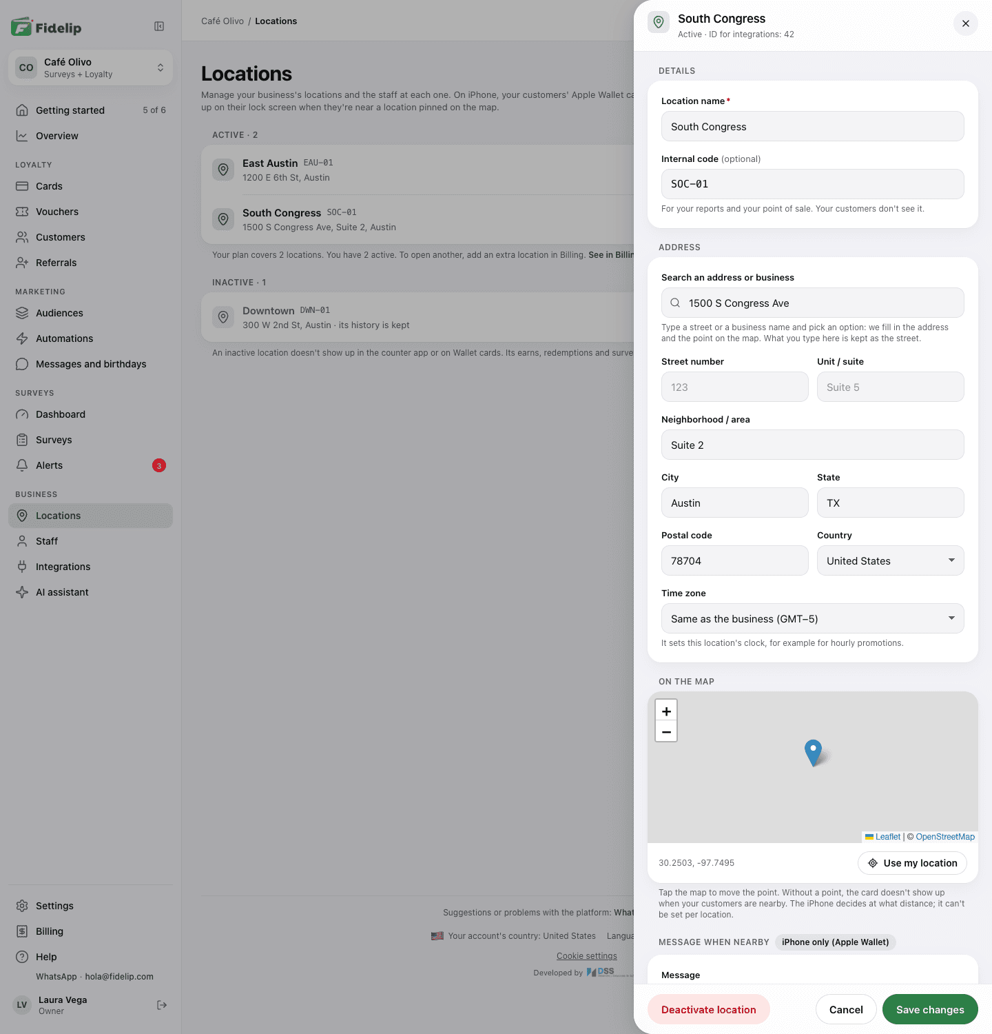A location's record with its details, address, map, message when nearby, contact and team