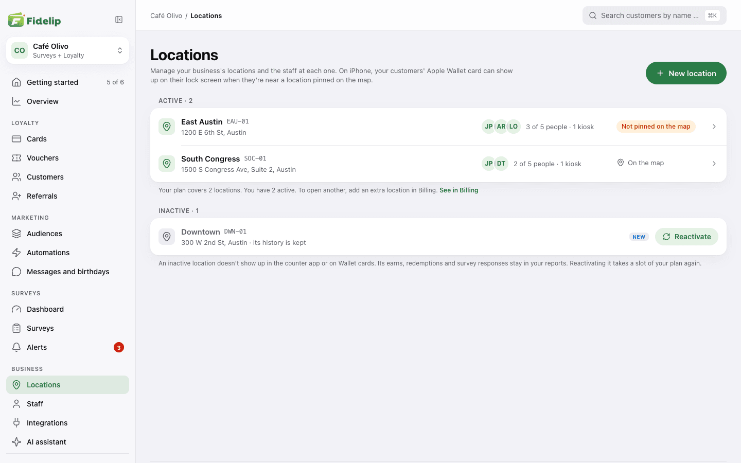 The business's locations screen in the dashboard, with active and inactive locations and the plan line