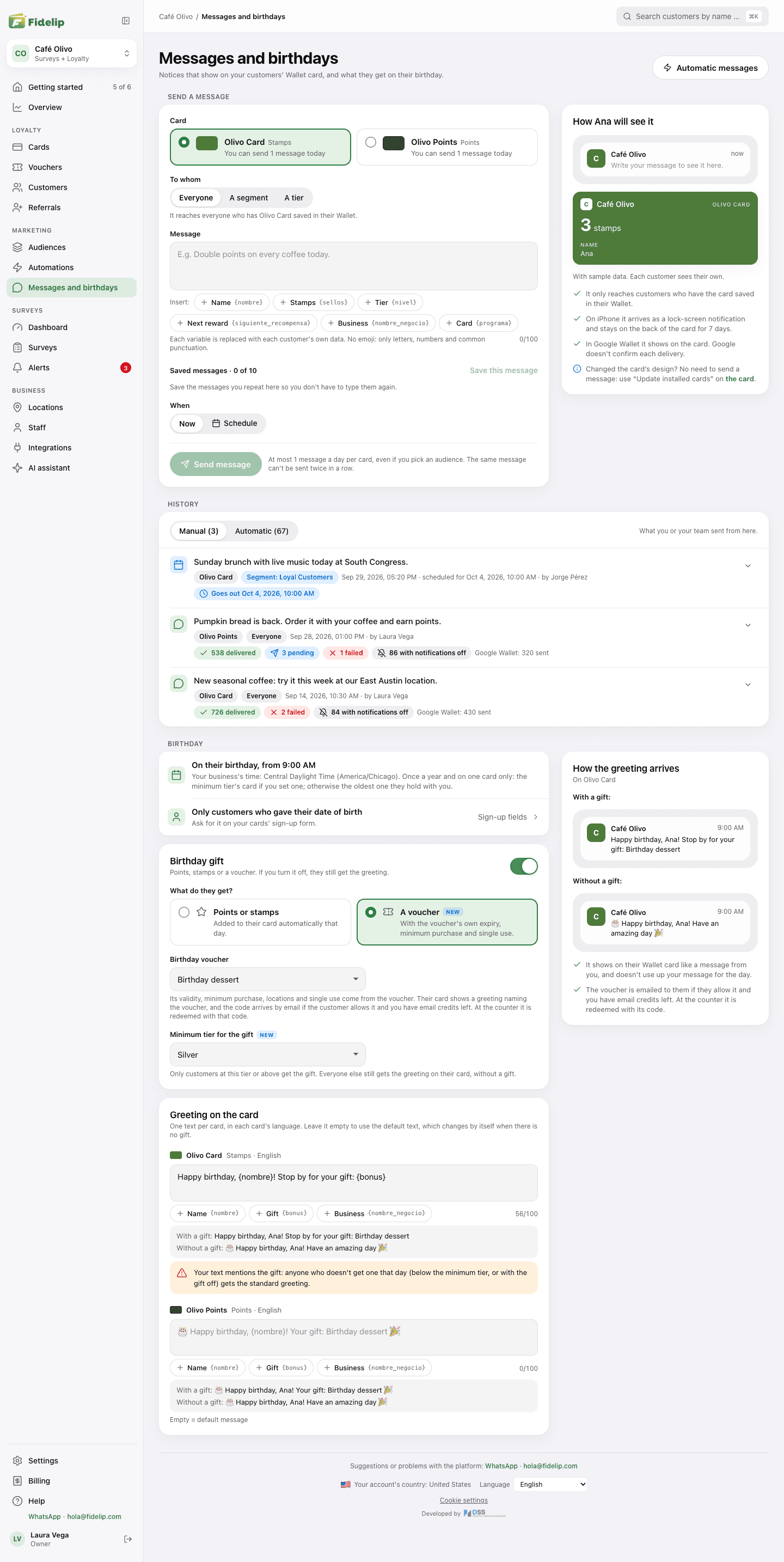 Message history with the Manual and Automatic tabs: one scheduled message and two sent ones with their deliveries