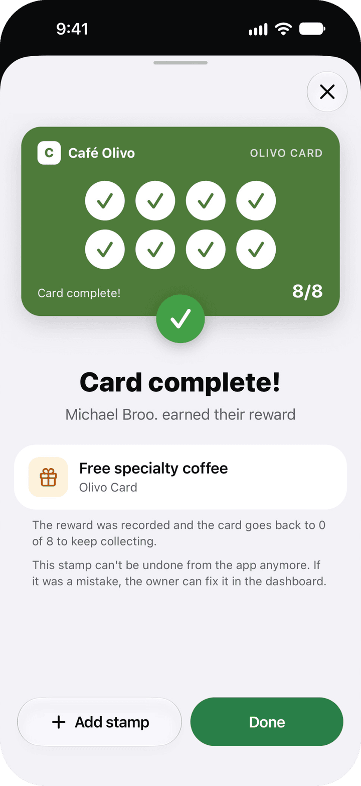 "Card complete!" screen with the card at 8 of 8, the reward that was recorded and the note that the card goes back to 0 of 8