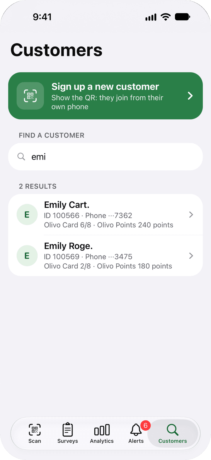 Customers tab: the Sign up a new customer button and a search for a first name with 2 results, each with short name, card ID, the last 4 digits of the phone and the balance of their card