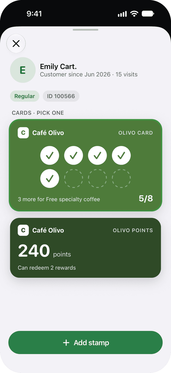 The customer's screen after scanning: name, visits, the Regular and ID chips, and their two cards under "Cards · pick one", a stamp card at 5 of 8 and a points card with 240, with the Add stamp button
