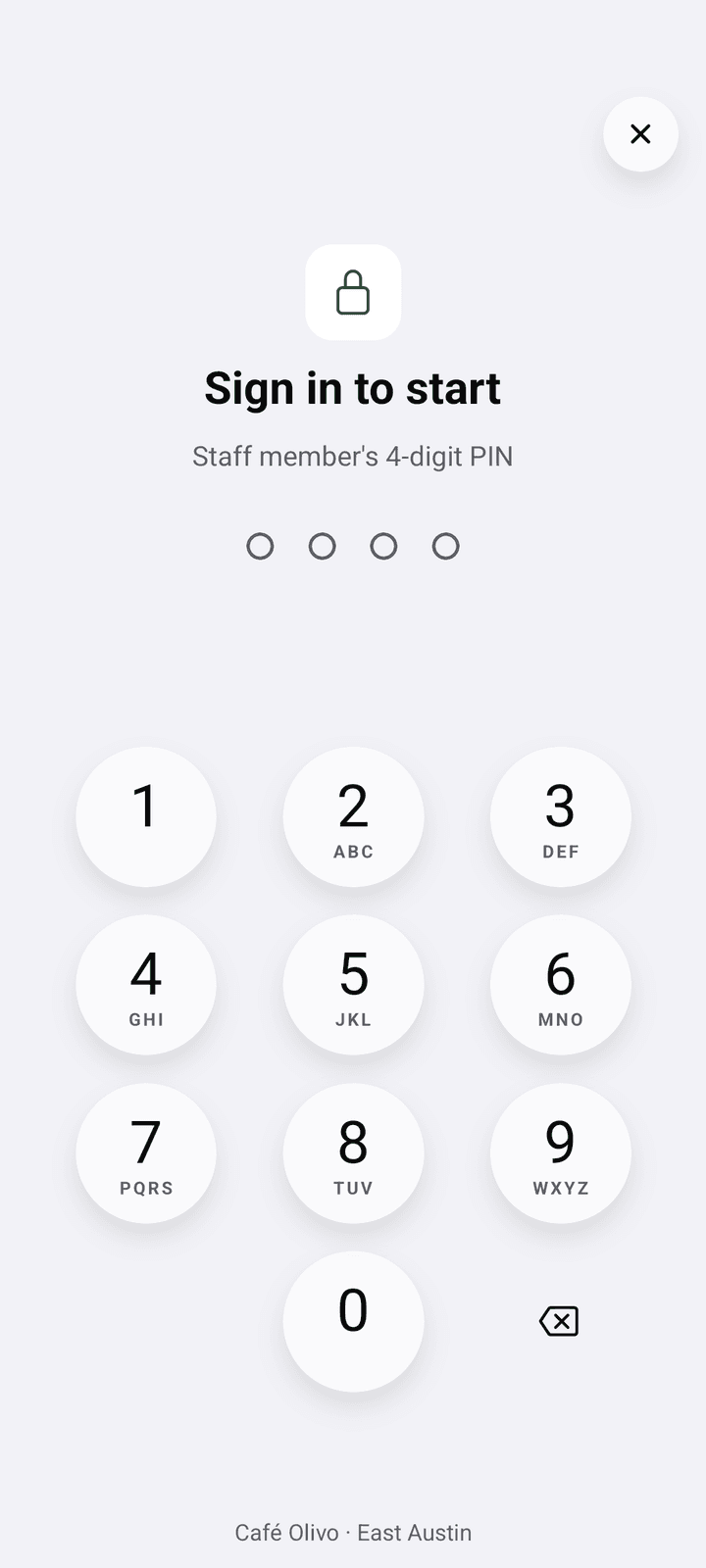 Kiosk screen “Sign in to start” with the keypad for the staff member's 4-digit PIN