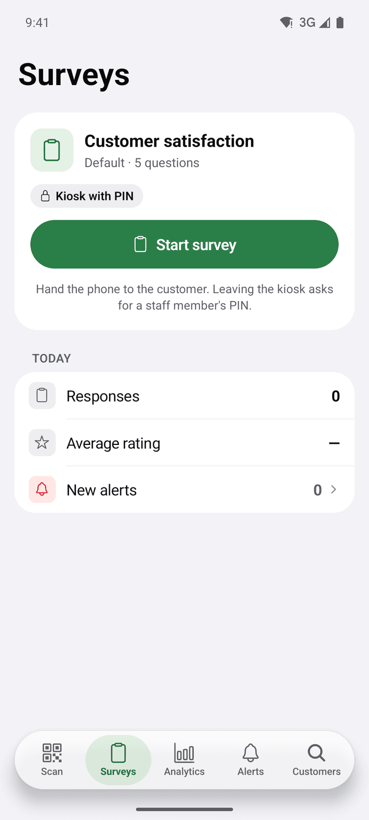 Surveys tab: the default survey with 5 questions and the Kiosk with PIN label, the Start survey button, and today's responses, average rating and new alerts
