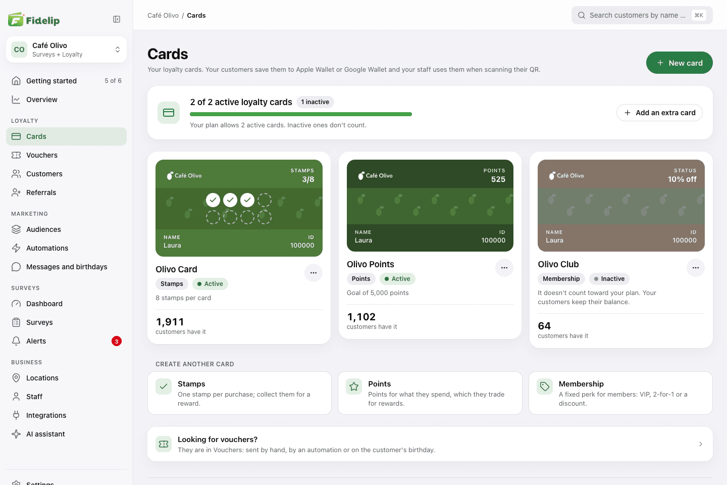 The Cards screen of the dashboard with the business's loyalty cards
