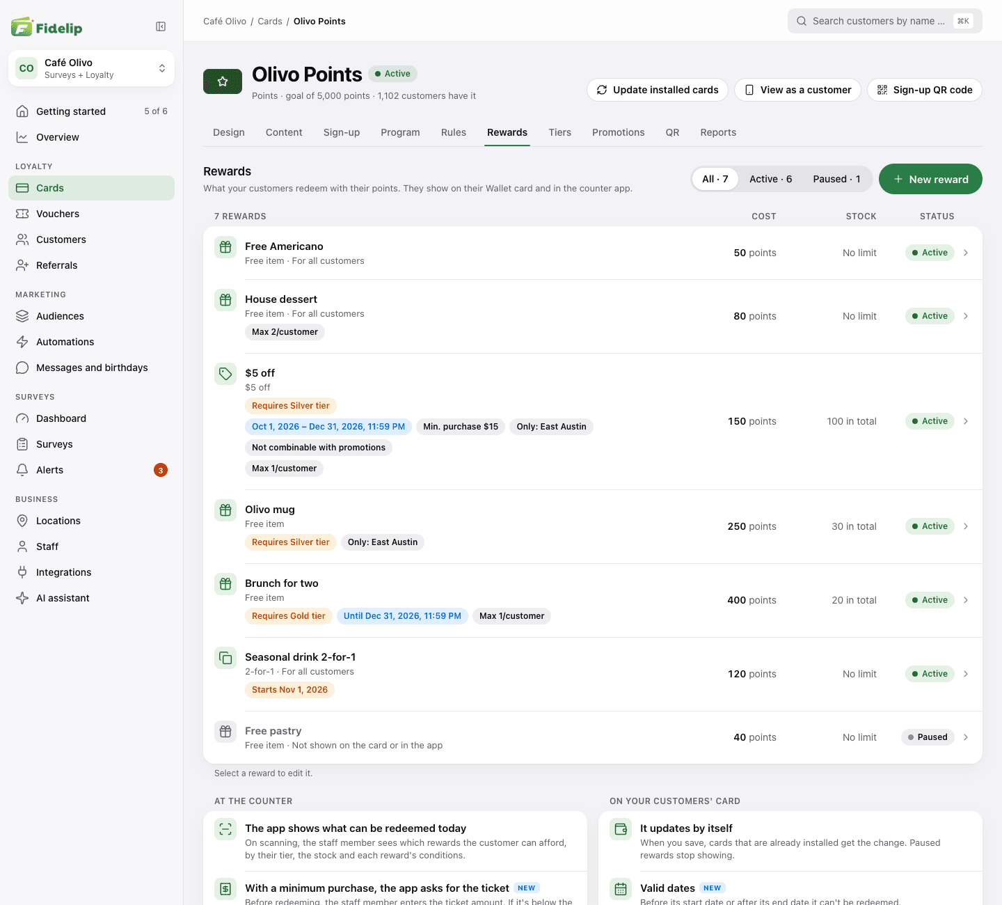 Rewards tab of a points card: the list of rewards with their cost, stock and conditions