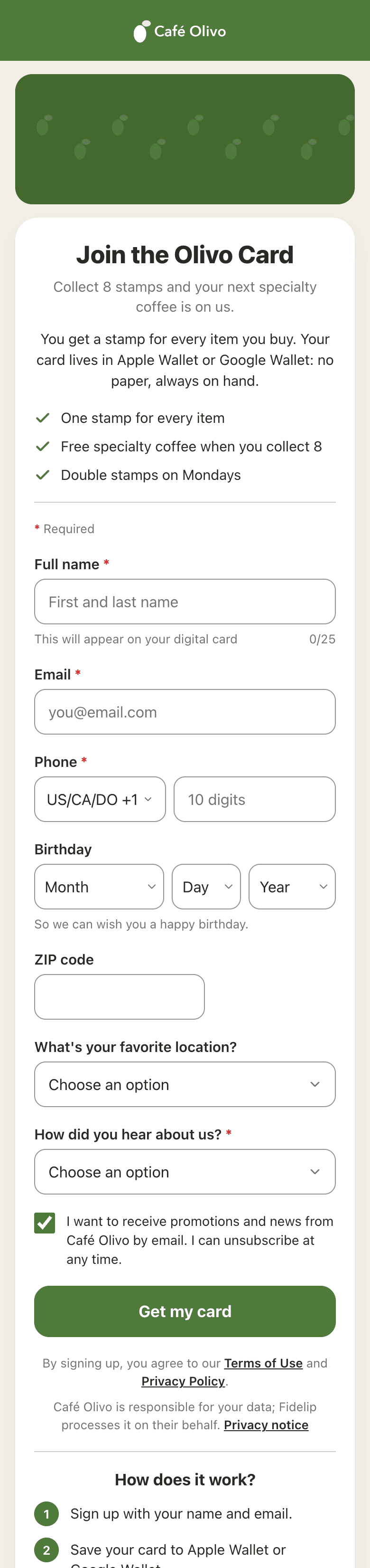 Public sign-up page on a phone: cover, title, benefits, form fields, promotions checkbox and the join button