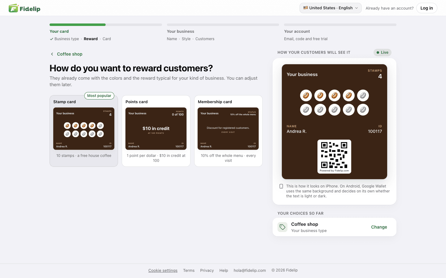 The card designer on id.fidelip.com with three ready-made cards, progress in three stages and your card shown live