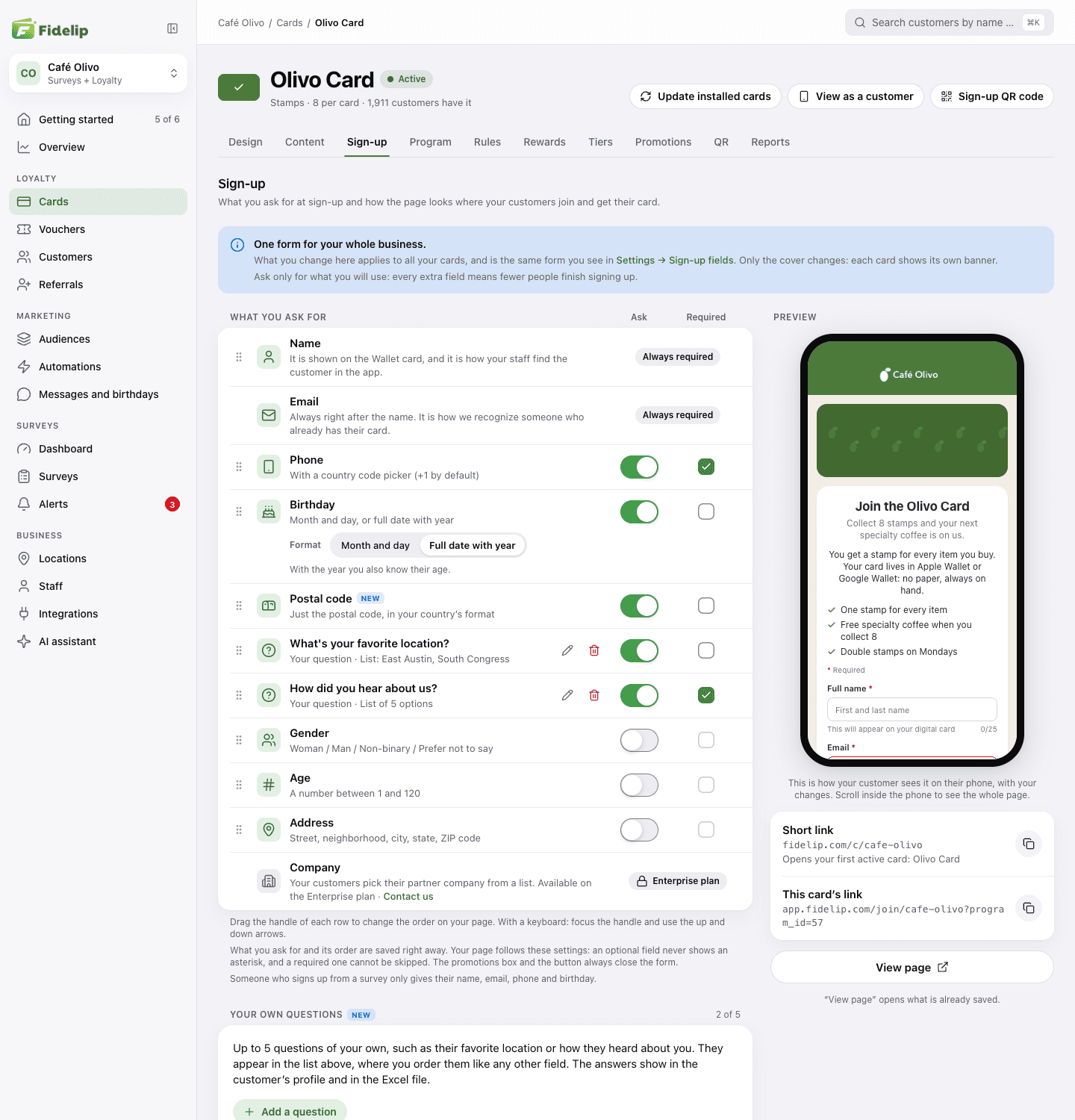 Sign-up tab of a card: the fields you ask for with their switches, your own questions, the promotions checkbox and a phone preview of the page