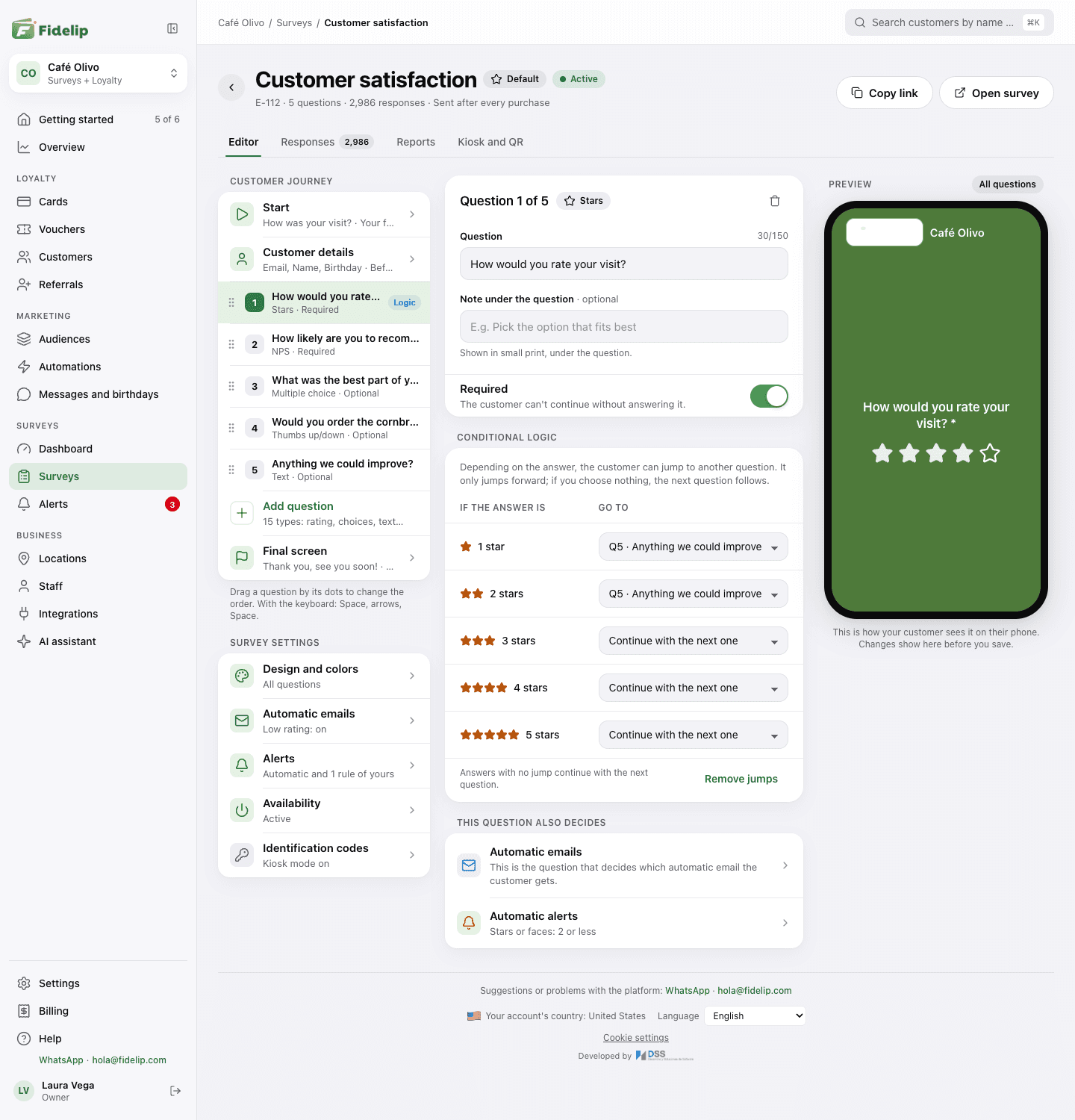 Survey editor: the customer journey and settings on the left, the question being edited with its conditional logic in the middle and a phone preview on the right