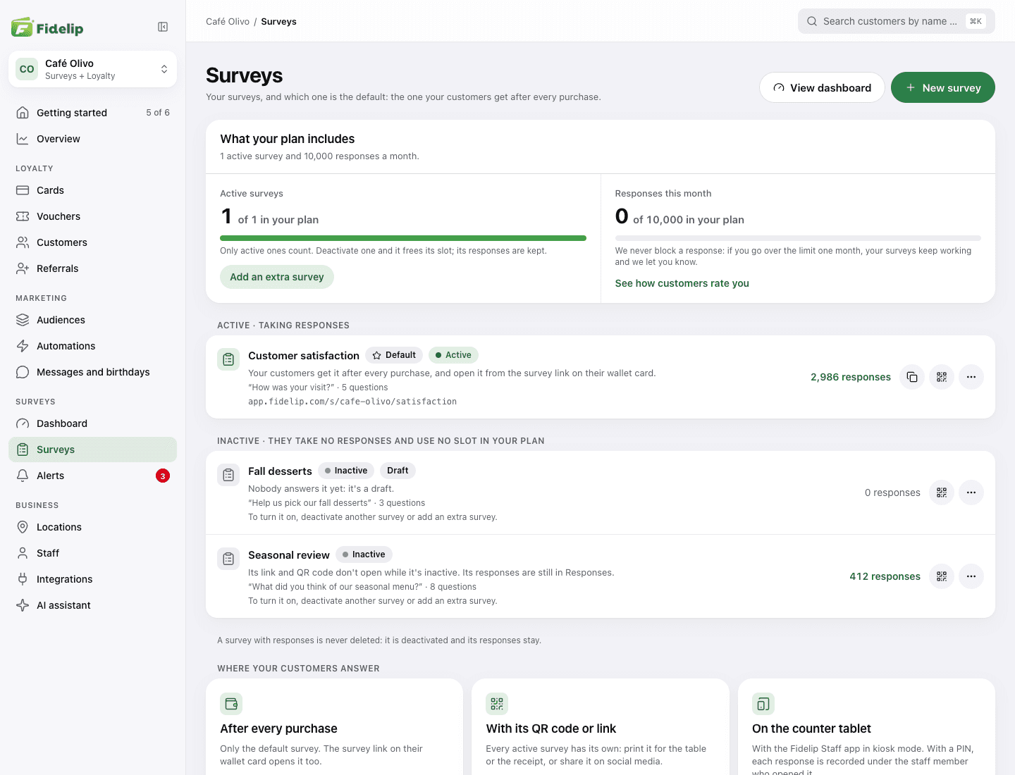 Surveys list with plan usage at the top and each survey with its status, responses, link and QR