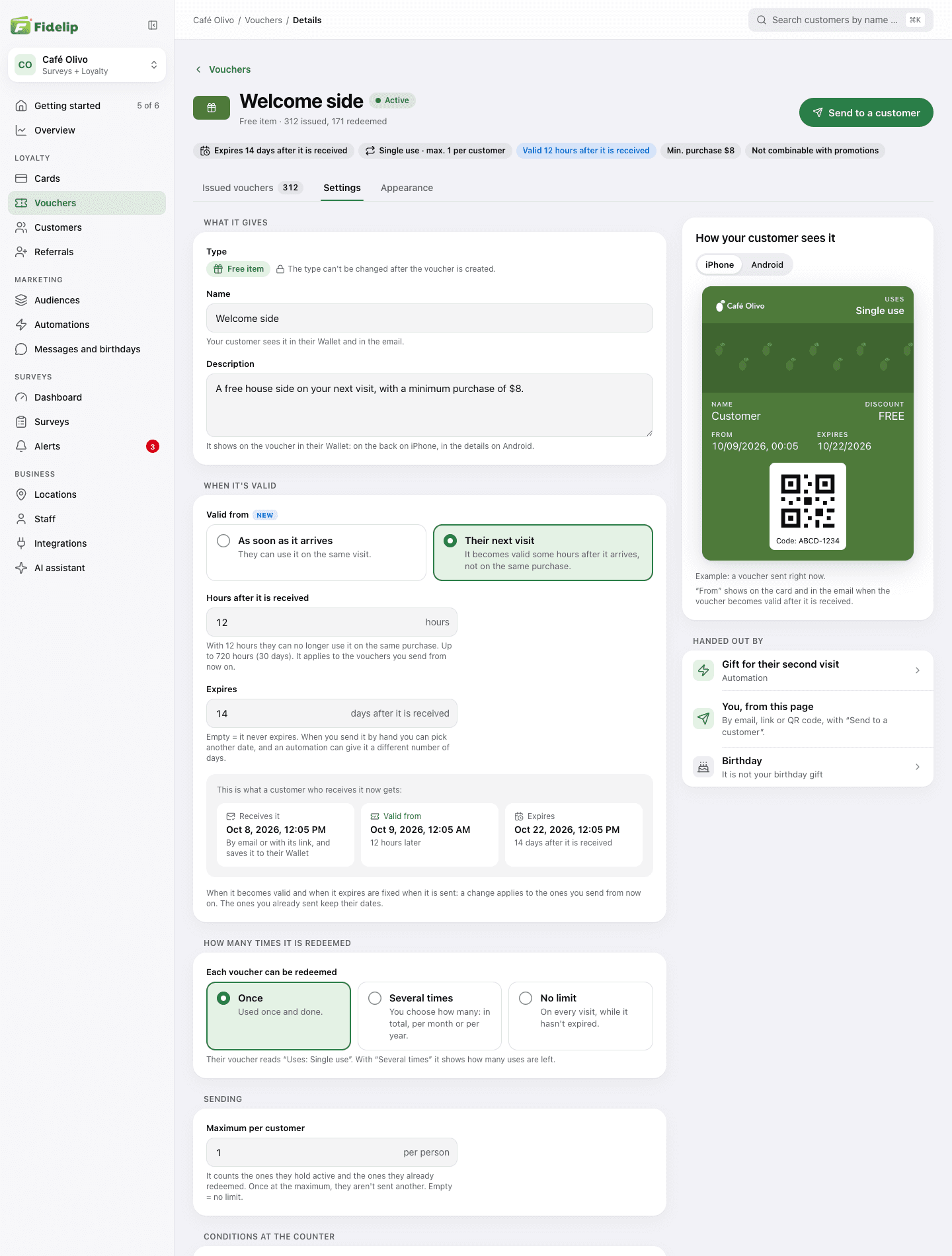 A voucher's settings: when it is valid, how many times it is redeemed, maximum per customer and conditions at the counter