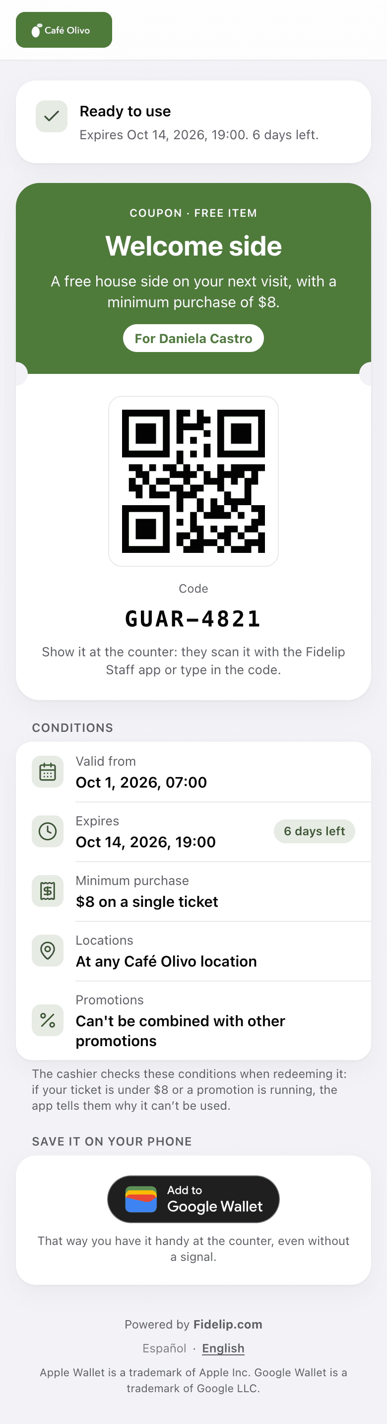 The voucher page on the customer's phone: the voucher with its QR code and code, the conditions and the button to save it to Apple Wallet